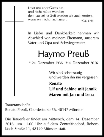 Anzeige von Haymo Preuß von Westfälische Nachrichten