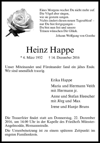 Anzeige von Heinz Happe von Westfälische Nachrichten