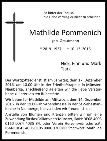 Anzeige von Mathilde Pommenich von Westfälische Nachrichten