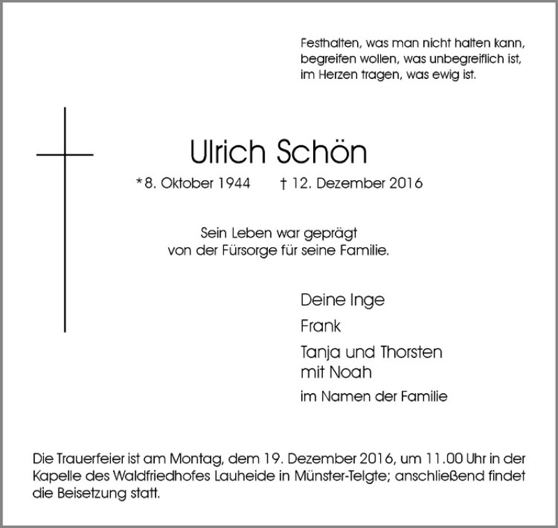  Traueranzeige für Ulrich Schön vom 16.12.2016 aus Westfälische Nachrichten
