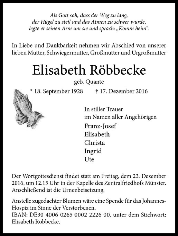  Traueranzeige für Elisabeth Röbbecke vom 21.12.2016 aus Westfälische Nachrichten
