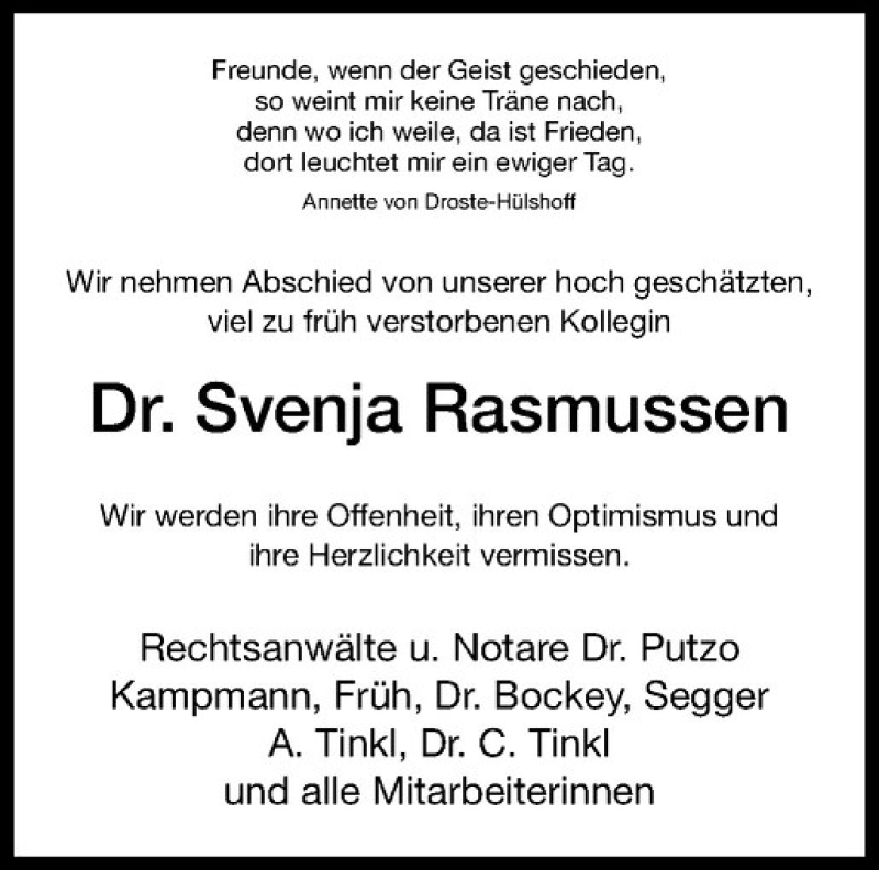  Traueranzeige für Svenja Rasmussen vom 10.12.2016 aus Westfälische Nachrichten