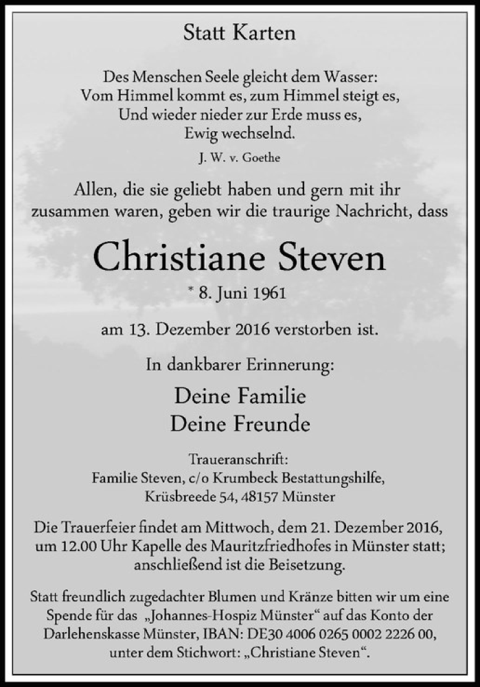  Traueranzeige für Christiane Steven vom 17.12.2016 aus Westfälische Nachrichten