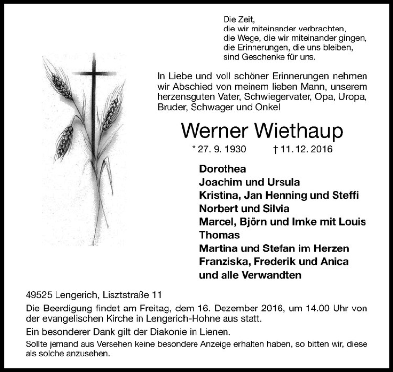  Traueranzeige für Werner Wiethaup vom 14.12.2016 aus Westfälische Nachrichten