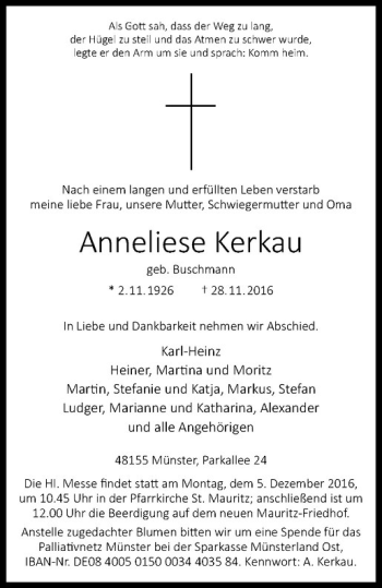 Anzeige von Anneliese Kerkau von Westfälische Nachrichten