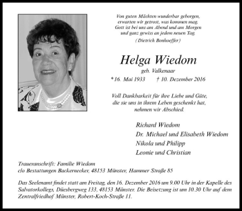 Anzeige von Helga Wiedom von Westfälische Nachrichten