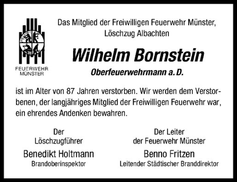  Traueranzeige für Wilhelm Bornstein vom 09.12.2016 aus Westfälische Nachrichten