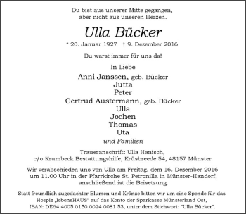 Anzeige von Ulla Bücker von Westfälische Nachrichten