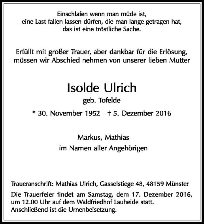  Traueranzeige für Isolde Ulrich vom 13.12.2016 aus Westfälische Nachrichten