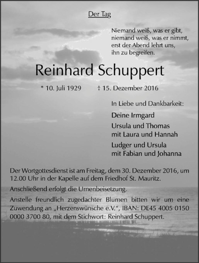  Traueranzeige für Reinhard Schuppert vom 24.12.2016 aus Westfälische Nachrichten