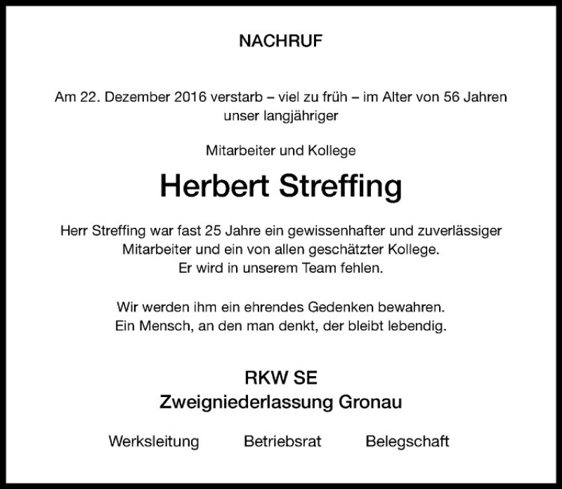  Traueranzeige für Herbert Streffing vom 28.12.2016 aus Westfälische Nachrichten