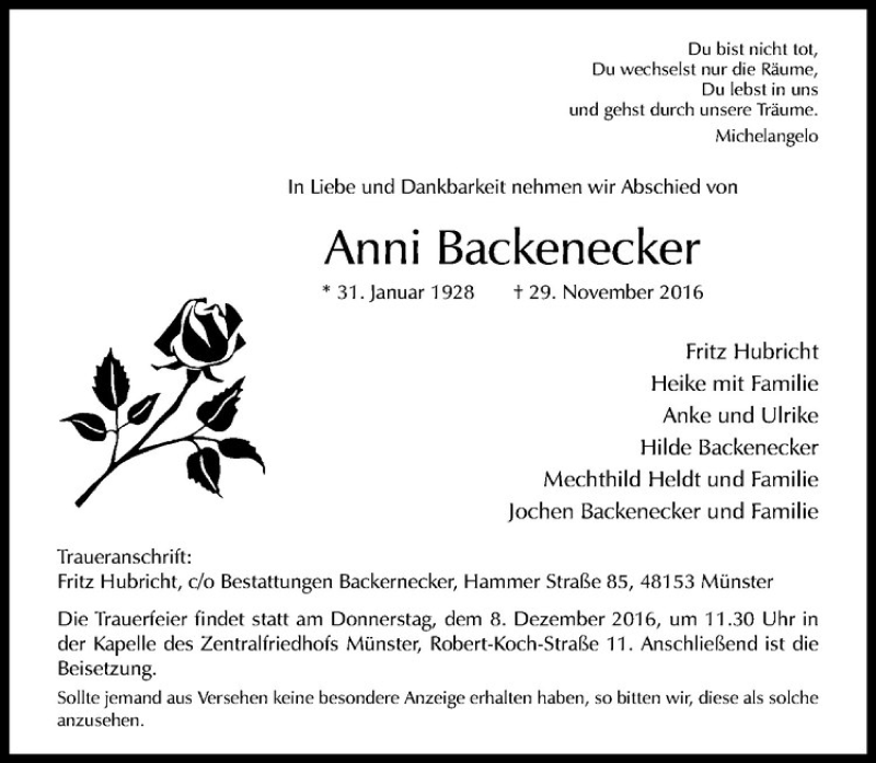  Traueranzeige für Anni Backenecker vom 03.12.2016 aus Westfälische Nachrichten