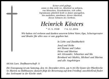 Anzeige von Heinrich Kösters von Westfälische Nachrichten