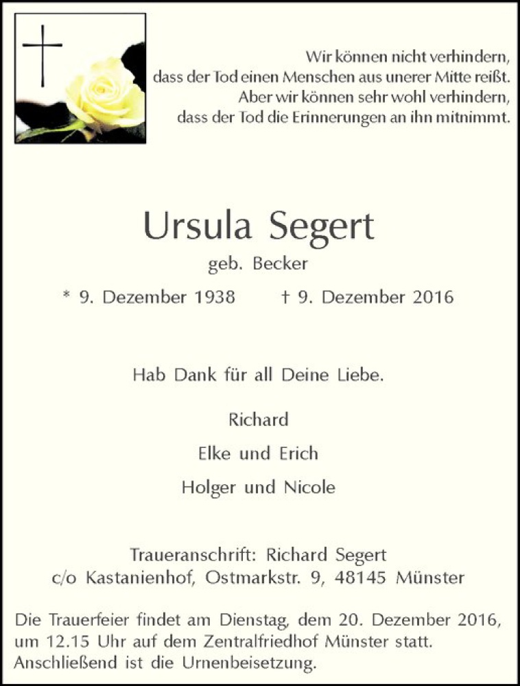  Traueranzeige für Ursula Segert geb. vom 17.12.2016 aus Westfälische Nachrichten