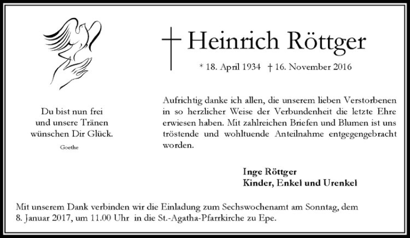  Traueranzeige für Heinrich Röttger vom 31.12.2016 aus Westfälische Nachrichten