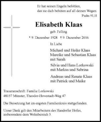 Anzeige von Elisabeth Klaas von Westfälische Nachrichten