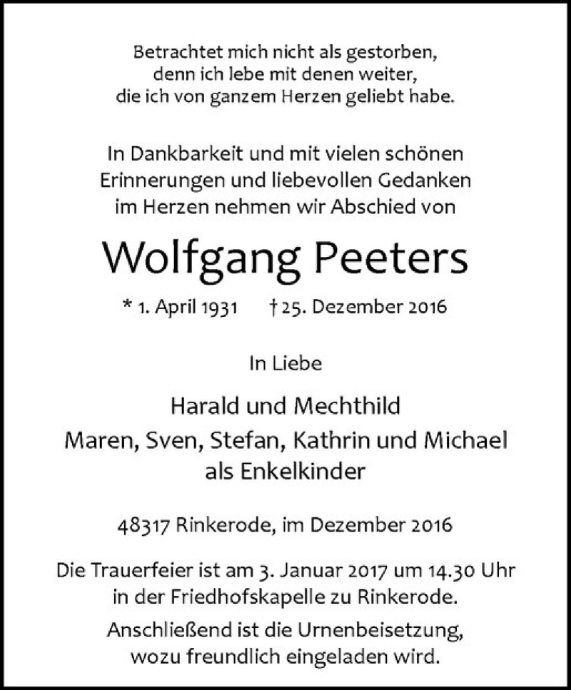  Traueranzeige für Wolfgang Peeters vom 31.12.2016 aus Westfälische Nachrichten