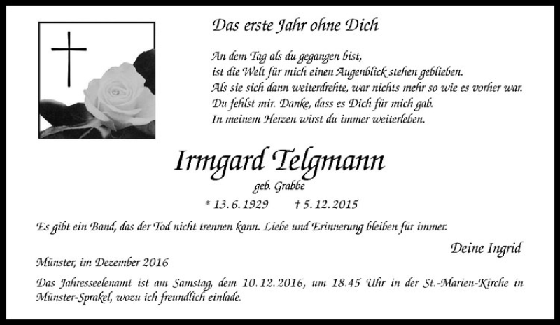  Traueranzeige für Irmgard Telgmann vom 09.12.2016 aus Westfälische Nachrichten