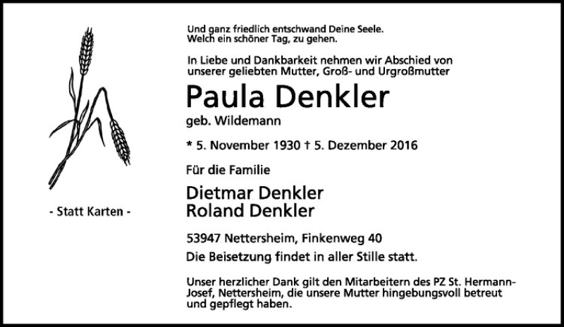  Traueranzeige für Paula Denkler vom 17.12.2016 aus Westfälische Nachrichten