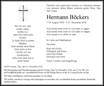 Anzeige von Hermann Böckers von Westfälische Nachrichten