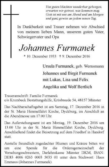 Anzeige von Johannes Furmanek von Westfälische Nachrichten