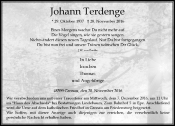 Anzeige von Johann Terdenge von Westfälische Nachrichten