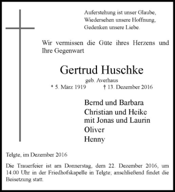 Anzeige von Gertrud Huschke von Westfälische Nachrichten