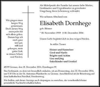 Anzeige von Elisabeth Dornhege von Westfälische Nachrichten