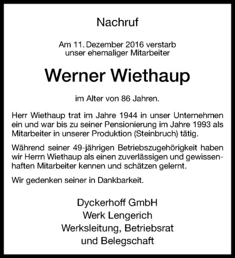  Traueranzeige für Werner Wiethaup vom 17.12.2016 aus Westfälische Nachrichten