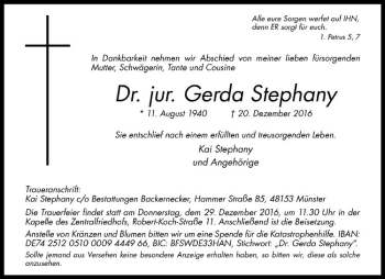 Anzeige von Gerda Stephany von Westfälische Nachrichten