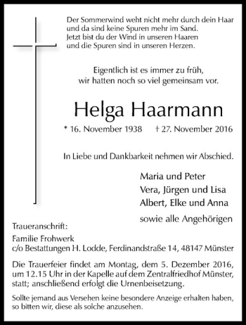 Anzeige von Helga Haarmann von Westfälische Nachrichten