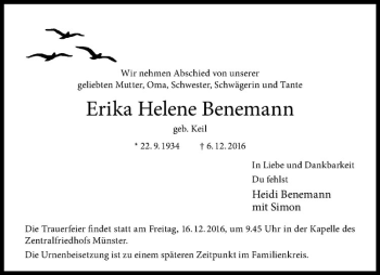 Anzeige von Helene Benemann von Westfälische Nachrichten