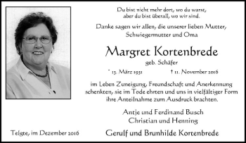 Anzeige von Margret Kortenbrede von Westfälische Nachrichten