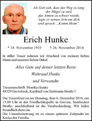 Anzeige von Erich Hunke von Westfälische Nachrichten