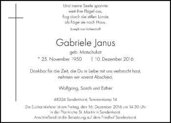 Anzeige von Gabriele Janus von Westfälische Nachrichten