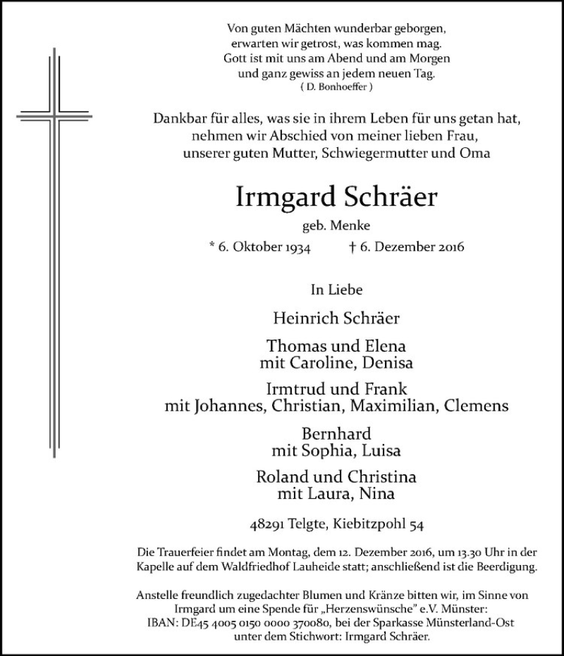  Traueranzeige für Irmgard Schräer vom 08.12.2016 aus Westfälische Nachrichten