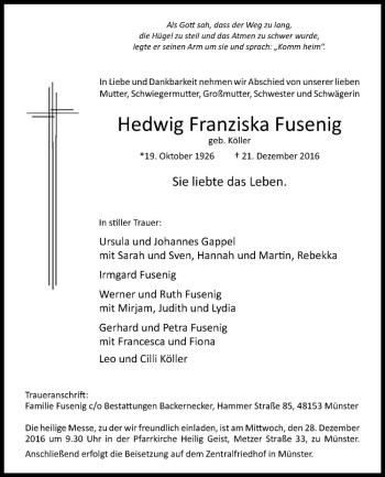 Anzeige von Hedwig Franziska Fusenig von Westfälische Nachrichten