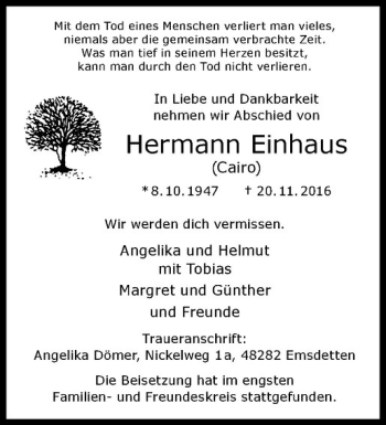 Anzeige von Hermann Einhaus von Westfälische Nachrichten