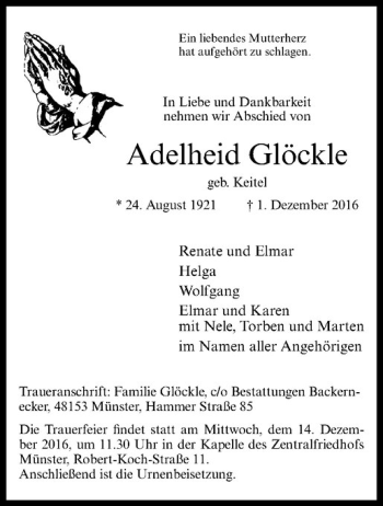 Anzeige von Adelheid Glöckle von Westfälische Nachrichten