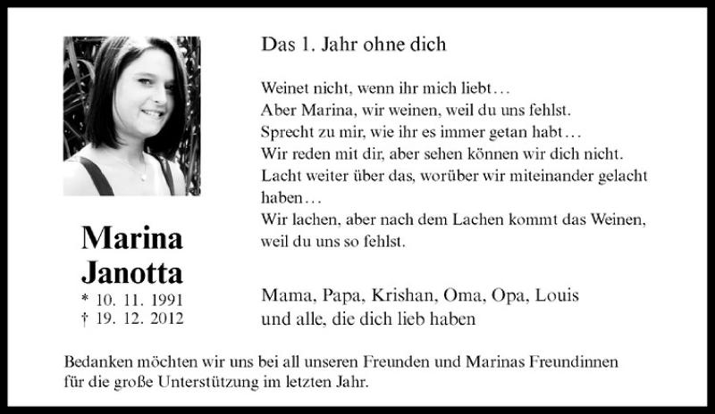  Traueranzeige für Marina Janotta vom 19.12.2013 aus Westfälische Nachrichten
