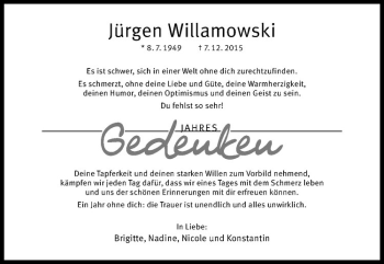 Anzeige von Jürgen Willamowski von Westfälische Nachrichten