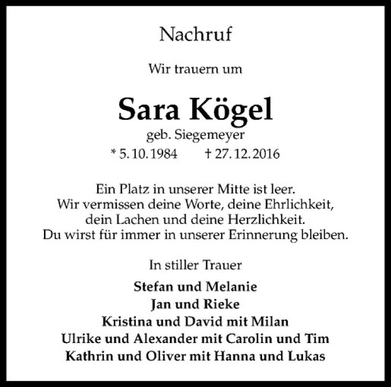  Traueranzeige für Sara Kögel vom 31.12.2016 aus Westfälische Nachrichten