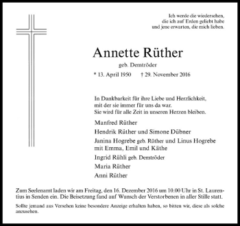 Anzeige von Annette Rüther von Westfälische Nachrichten