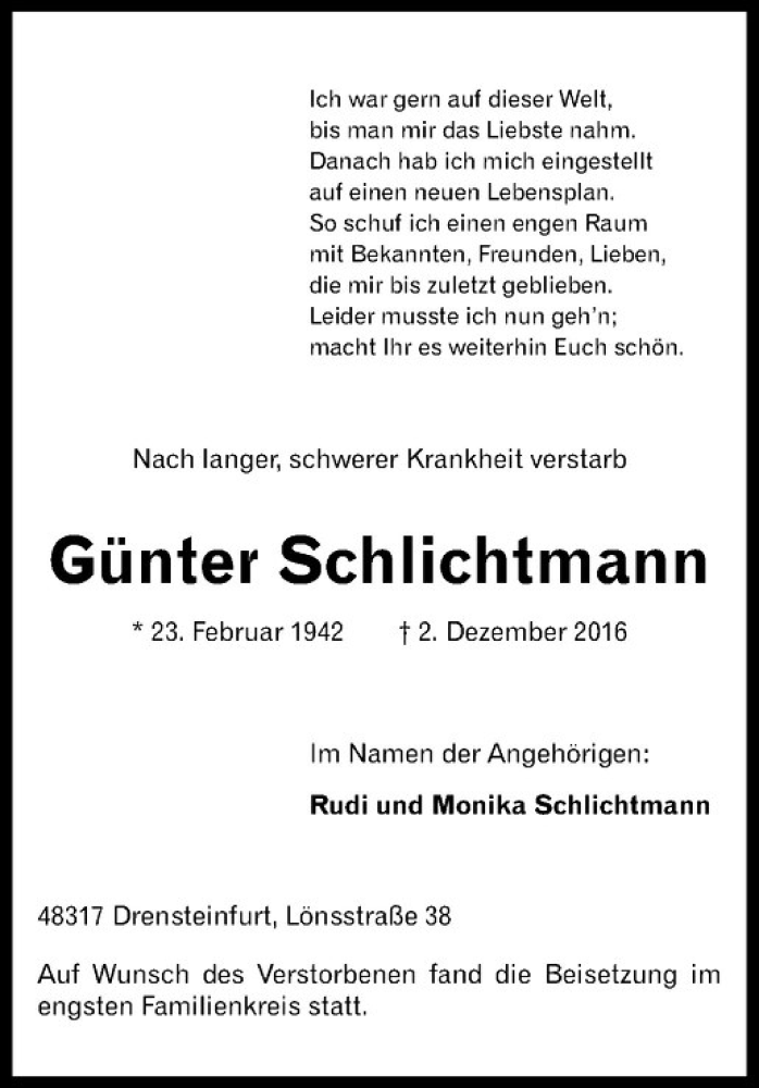  Traueranzeige für Günter Schlichtmann vom 14.12.2016 aus Westfälische Nachrichten