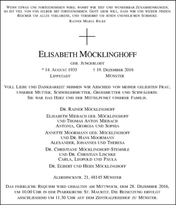 Anzeige von Elisabeth Möcklinghoff von Westfälische Nachrichten