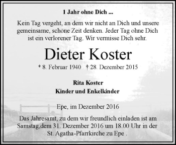 Anzeige von Dieter Koster von Westfälische Nachrichten
