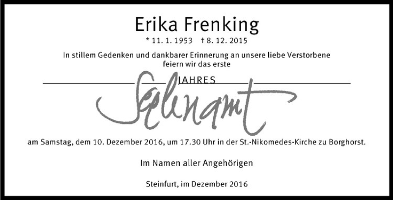  Traueranzeige für Erika Frenking vom 07.12.2016 aus Westfälische Nachrichten