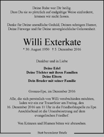 Anzeige von Willi Exterkate von Westfälische Nachrichten