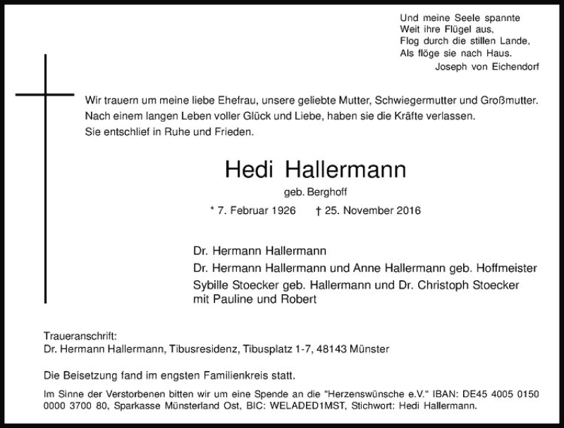  Traueranzeige für Hedi Hallermann vom 03.12.2016 aus Westfälische Nachrichten
