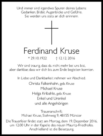 Anzeige von Ferdinand Kruse von Westfälische Nachrichten